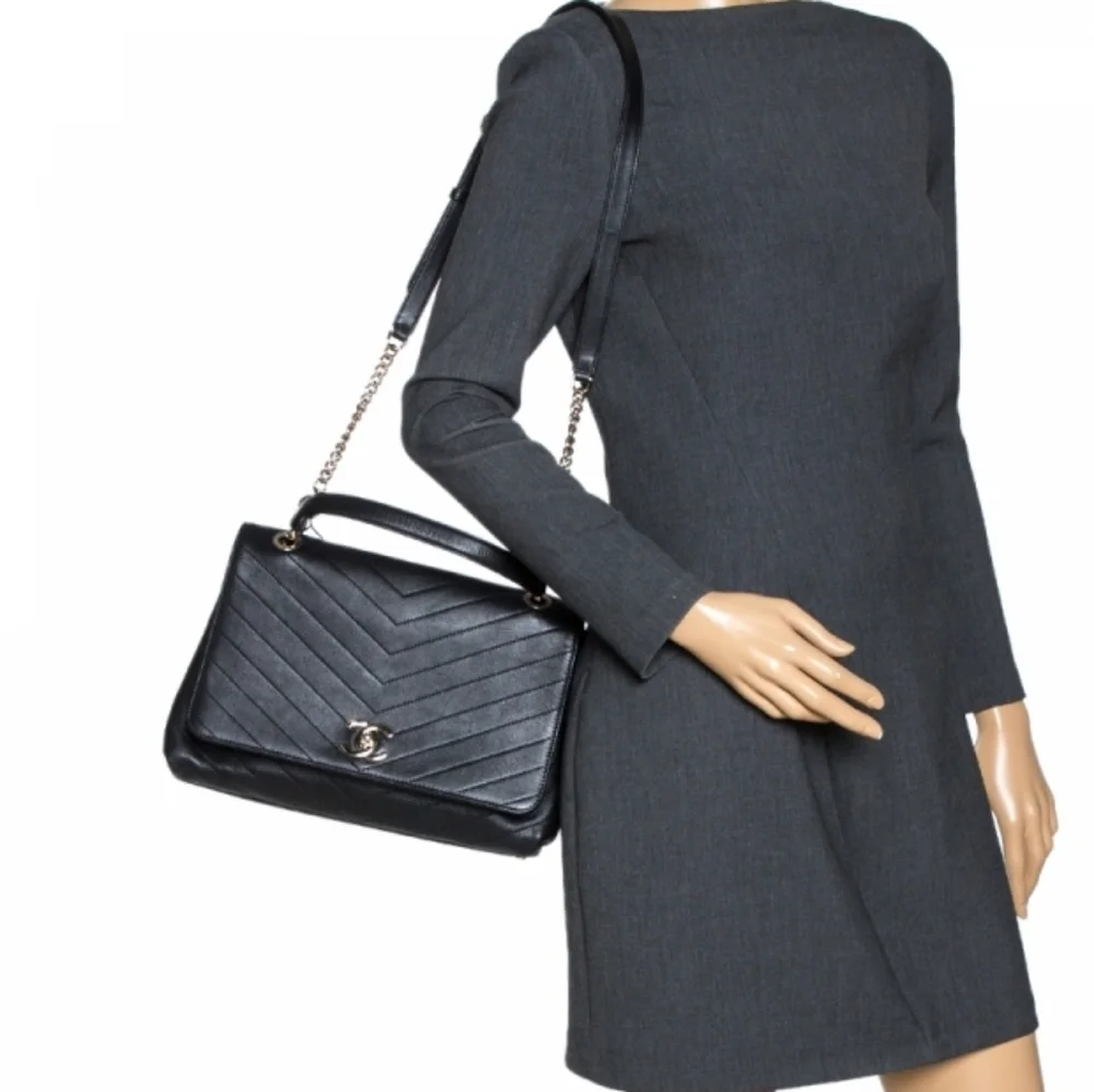 RARE! Authentic! Chanel CC Coco Top Handle Calfskin Quilted Chevron Leather Flap - Picture 12 of 15
